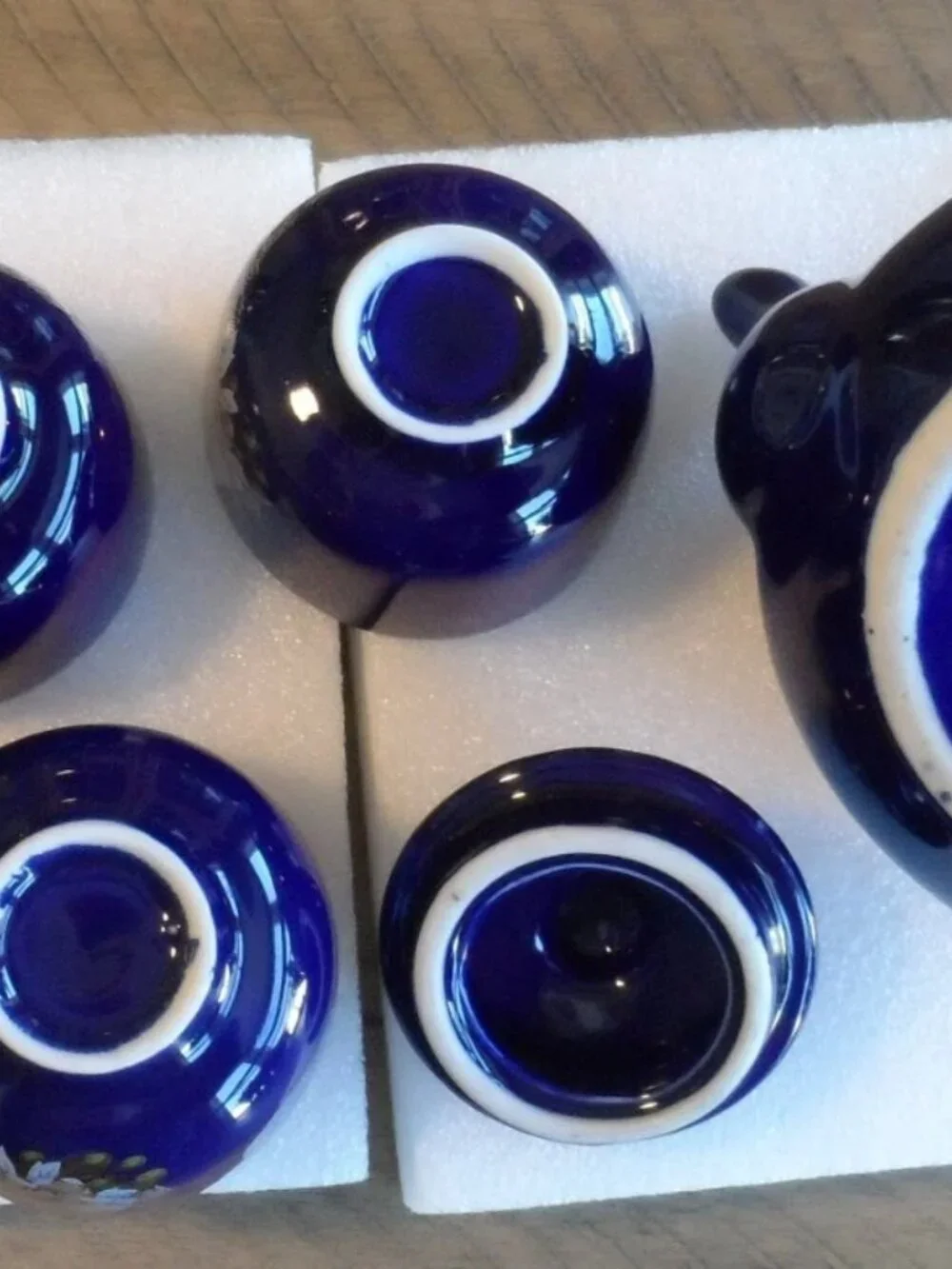 Japanese Cobalt Blue Teapot + 5 Cups Peacock/Floral/Gold Trim Bamboo Handle VTG